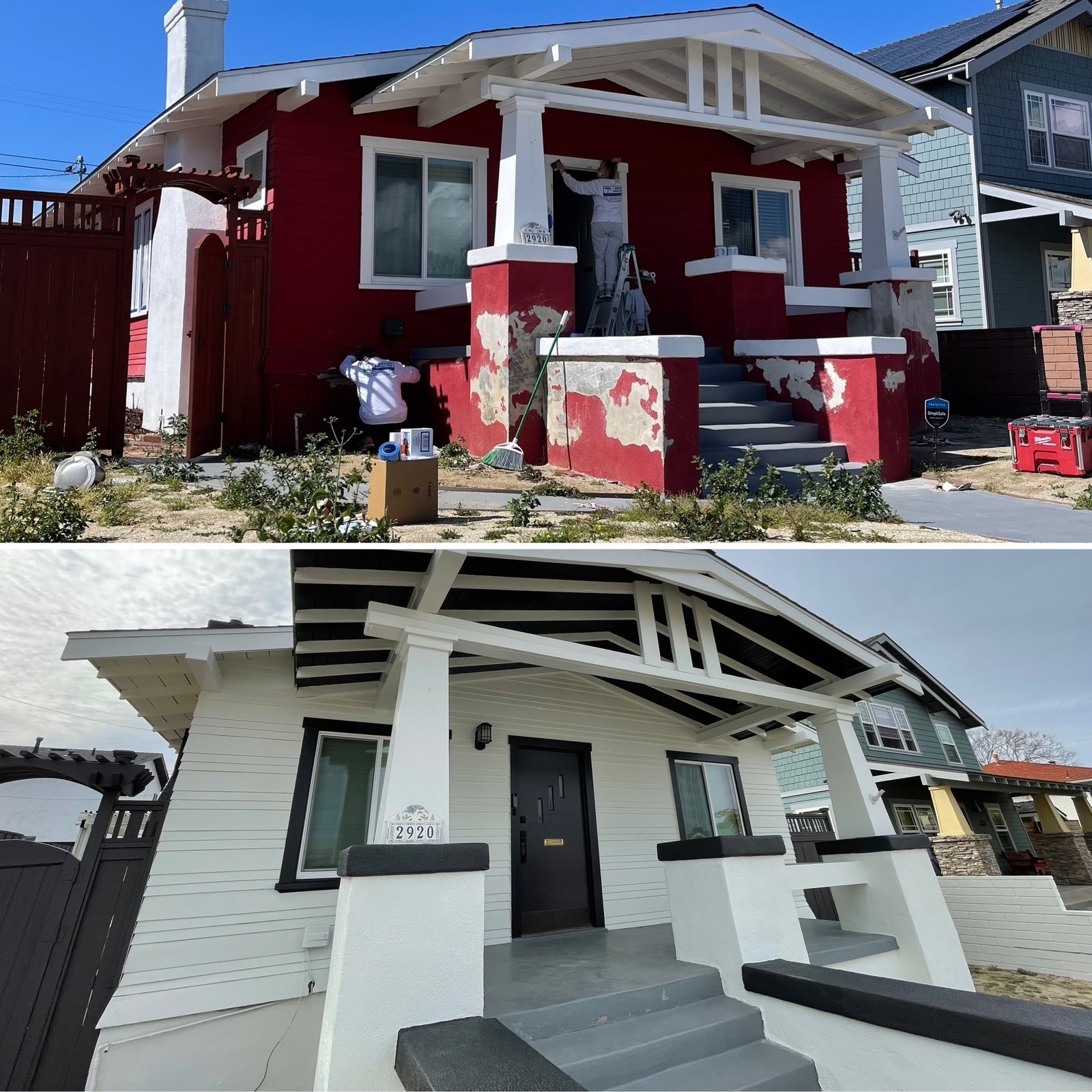 Craftsman bungalow after being repainted white with dark trim