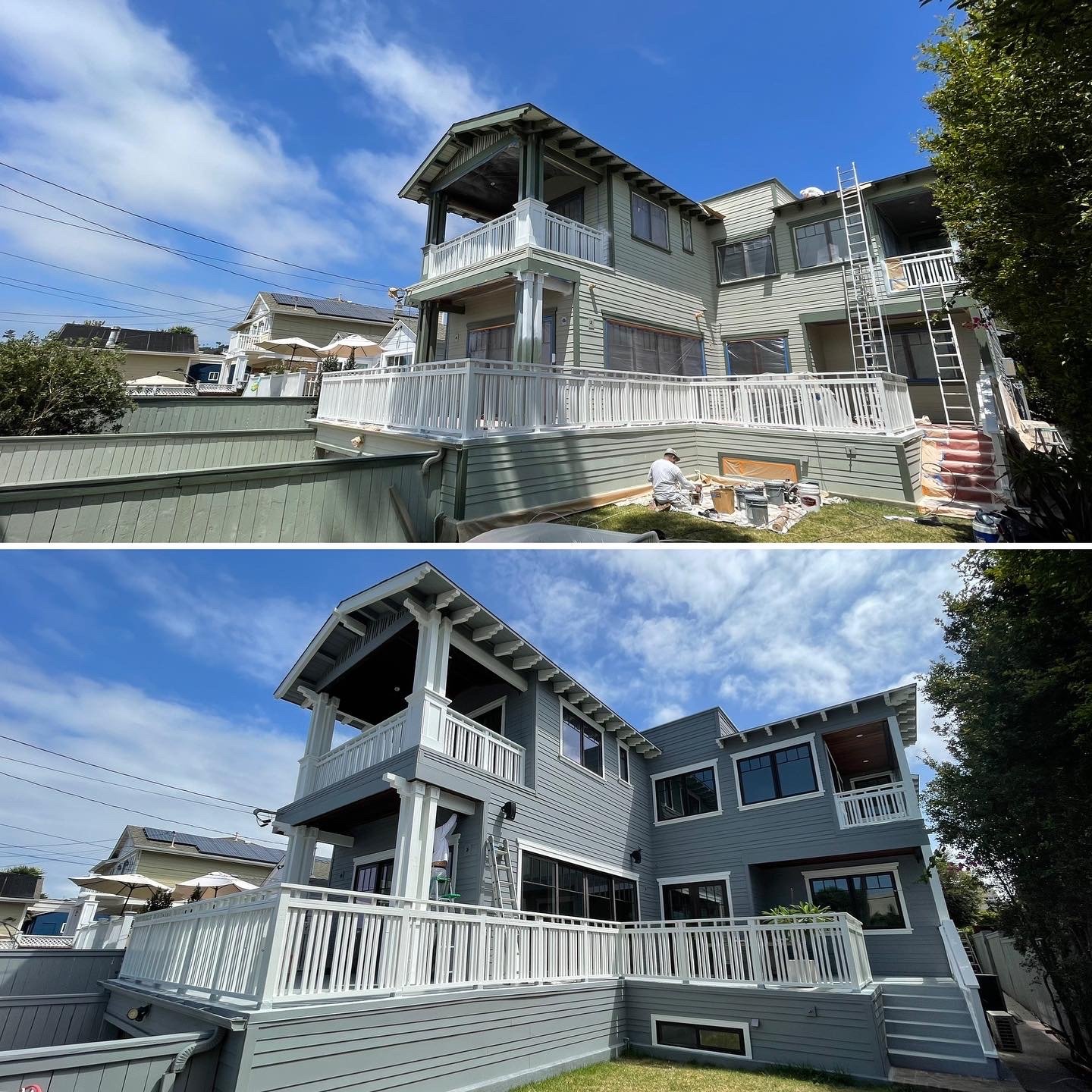 Coastal home after repainting in grey with a white deck railing